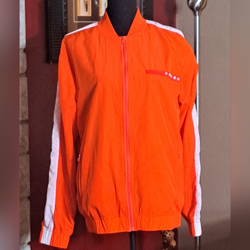 Hudson Outerwear Men's Unisex Orange Windbreaker Jacket with White Stripes M GUC